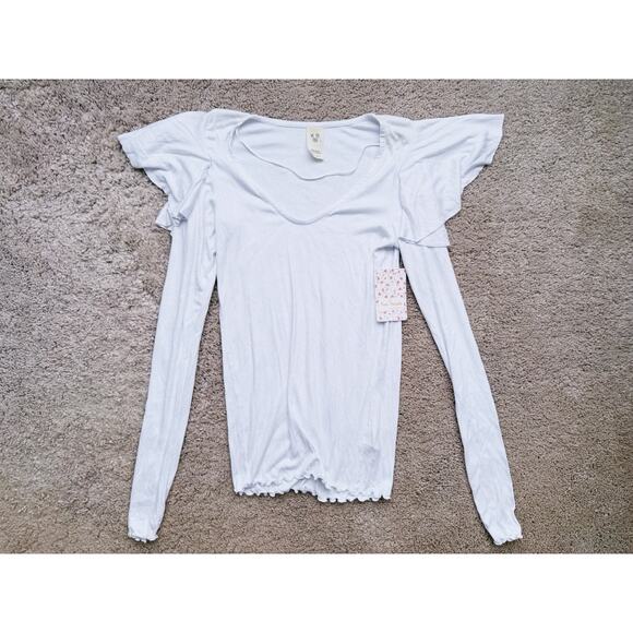 NWT We The Free Ribbed Blouse White Long Sleeve Ruffle XS Boho Cottagecore Fall - Picture 2 of 8